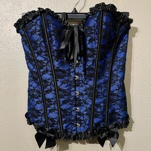 Blue Corset Satin Black Lace Overlay Ruffles & Ribbons‎ Adjustable Size M